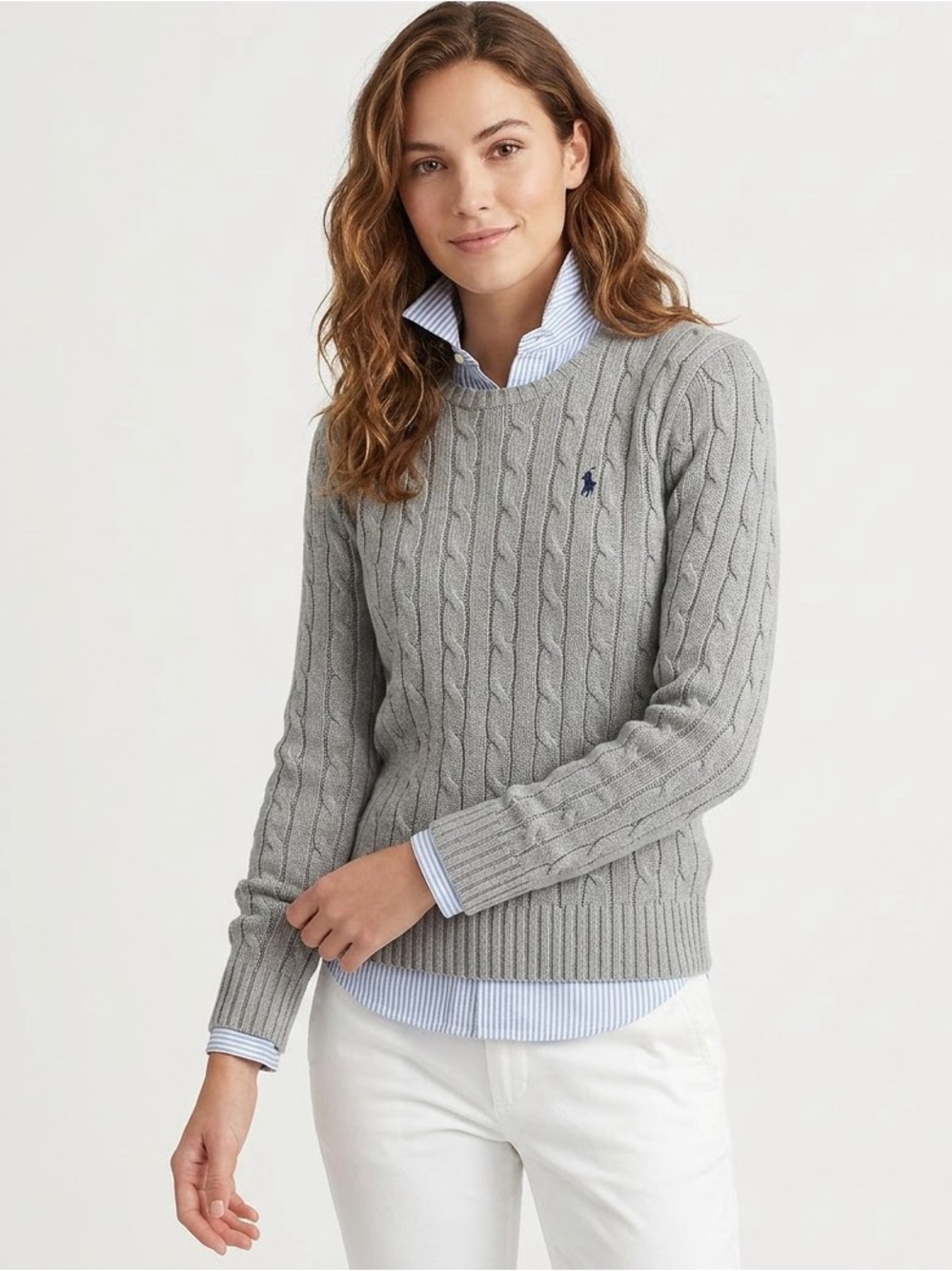 Polo Ralph Lauren Gray Cable Knit Crewneck Sweater Cotton Size M/S Preppy Office